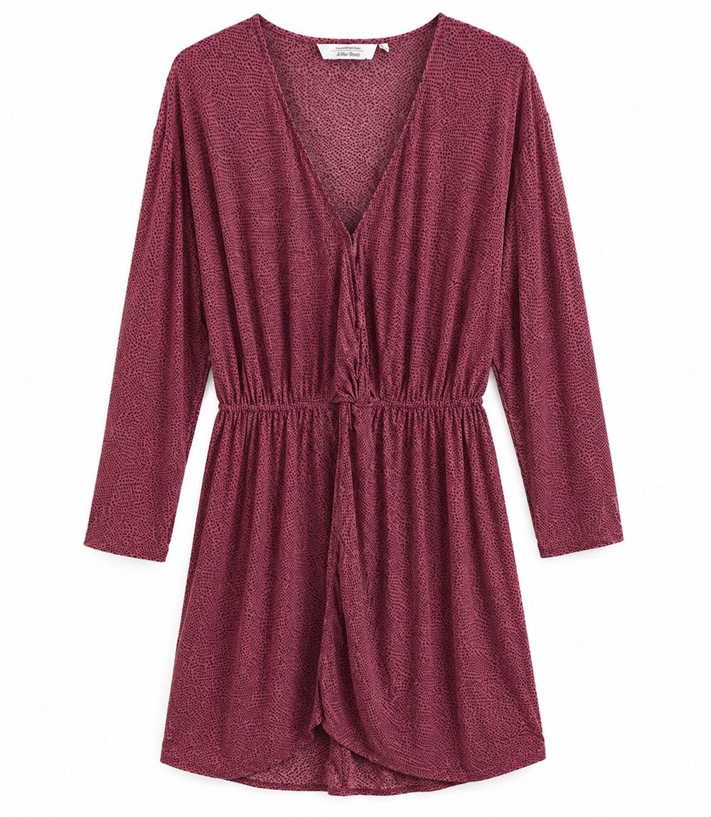 & Other Stories Faux Wrap Mini Dress Women’s 8 Mauve Burgundy Long Sleeve V-Neck